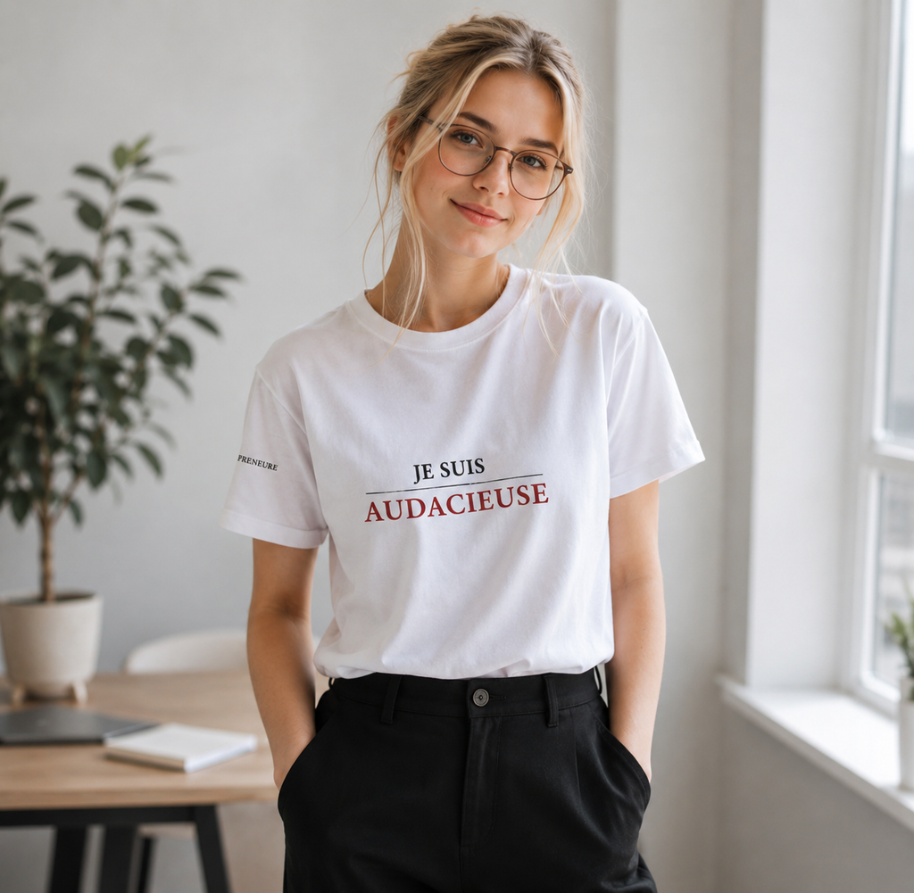 Femme portant le t-shirt Je suis Audacieuse dans un bureau lumineux