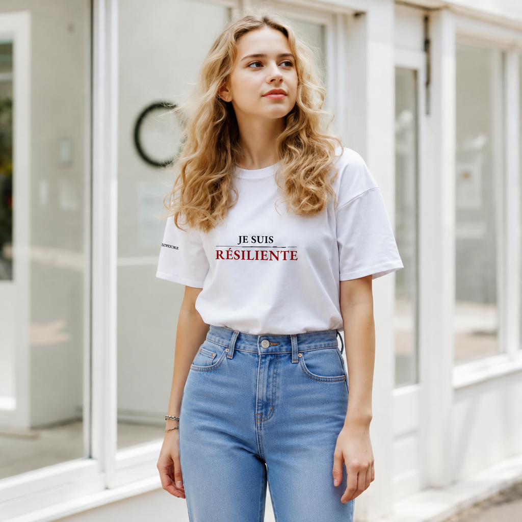 Femme portant le t-shirt Je suis Résiliente avec un jean bleu