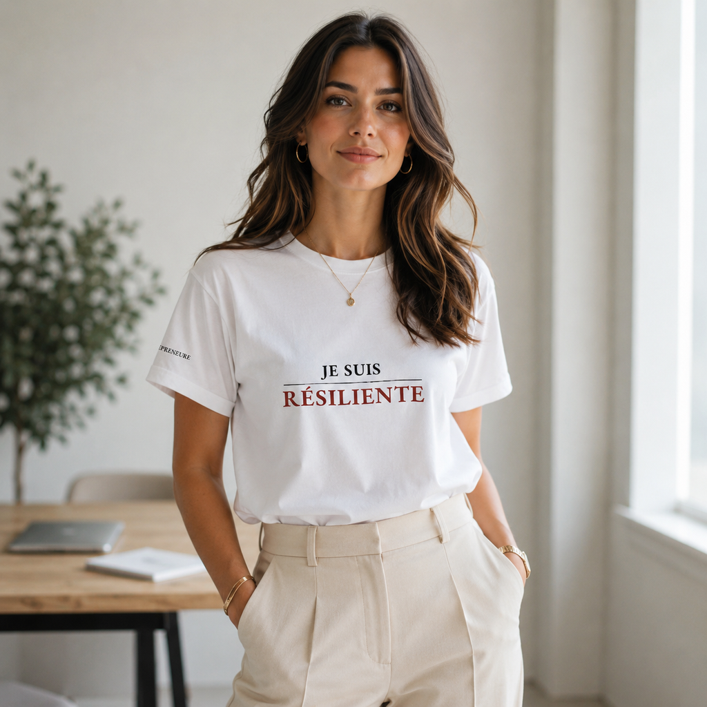 Femme entrepreneure portant le t-shirt Je suis Résiliente dans un cadre élégant