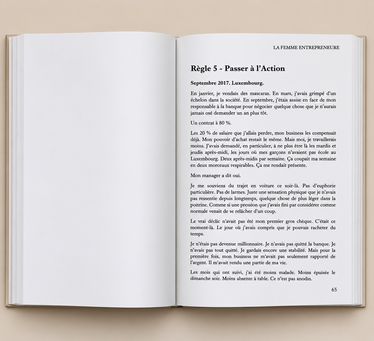 Extrait du livre La Femme Entrepreneure de Victoria Perrier Williams montrant une double page ouverte avec un chapitre sur la transition du salariat vers l'entrepreneuriat.