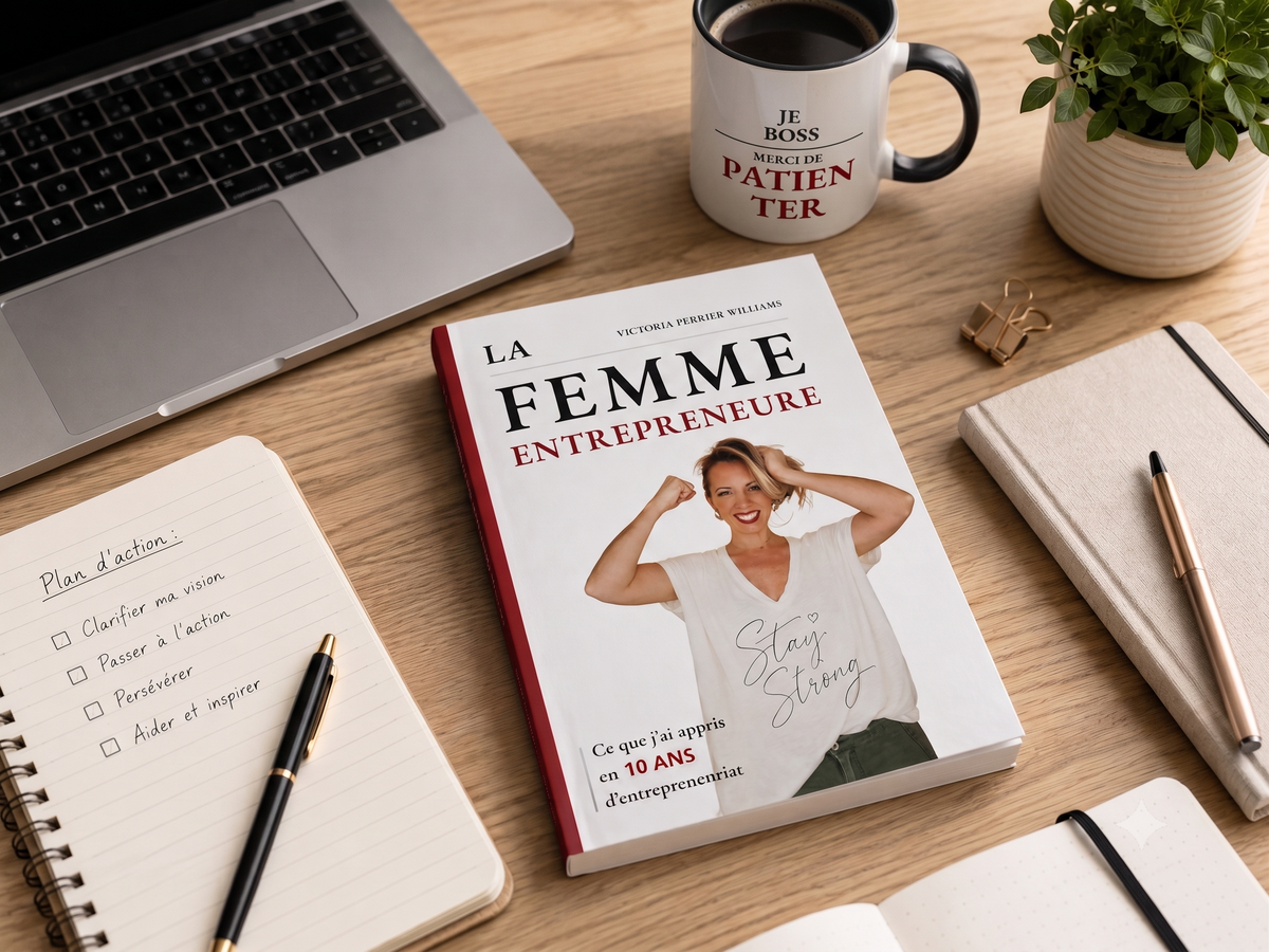 Le livre La Femme Entrepreneure de Victoria Perrier Williams sur un bureau de travail avec ordinateur portable, carnet et tasse, dans un espace dédié à l'entrepreneuriat féminin.